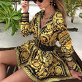 Printed Lace Up Long Sleeved Dress