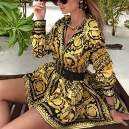 Printed Lace Up Long Sleeved Dress